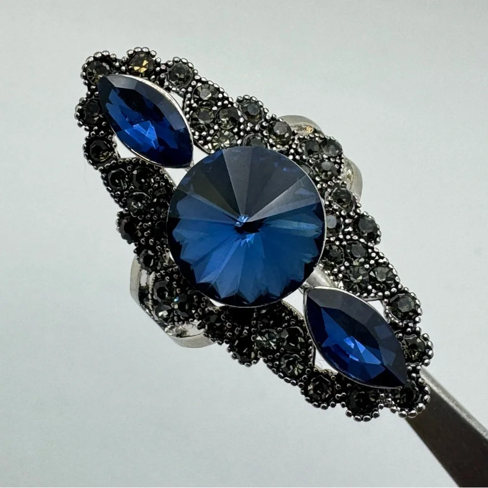 Silver Tone Blue Crystal Statement Ring Gothic Vintage Glam Cocktail Sz 7